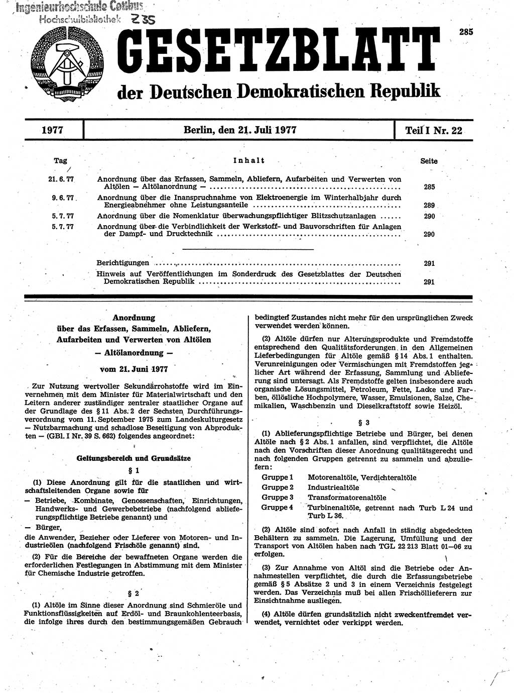 Gesetzblatt (GBl.) der Deutschen Demokratischen Republik (DDR) Teil Ⅰ 1977, Seite 285 (GBl. DDR Ⅰ 1977, S. 285)