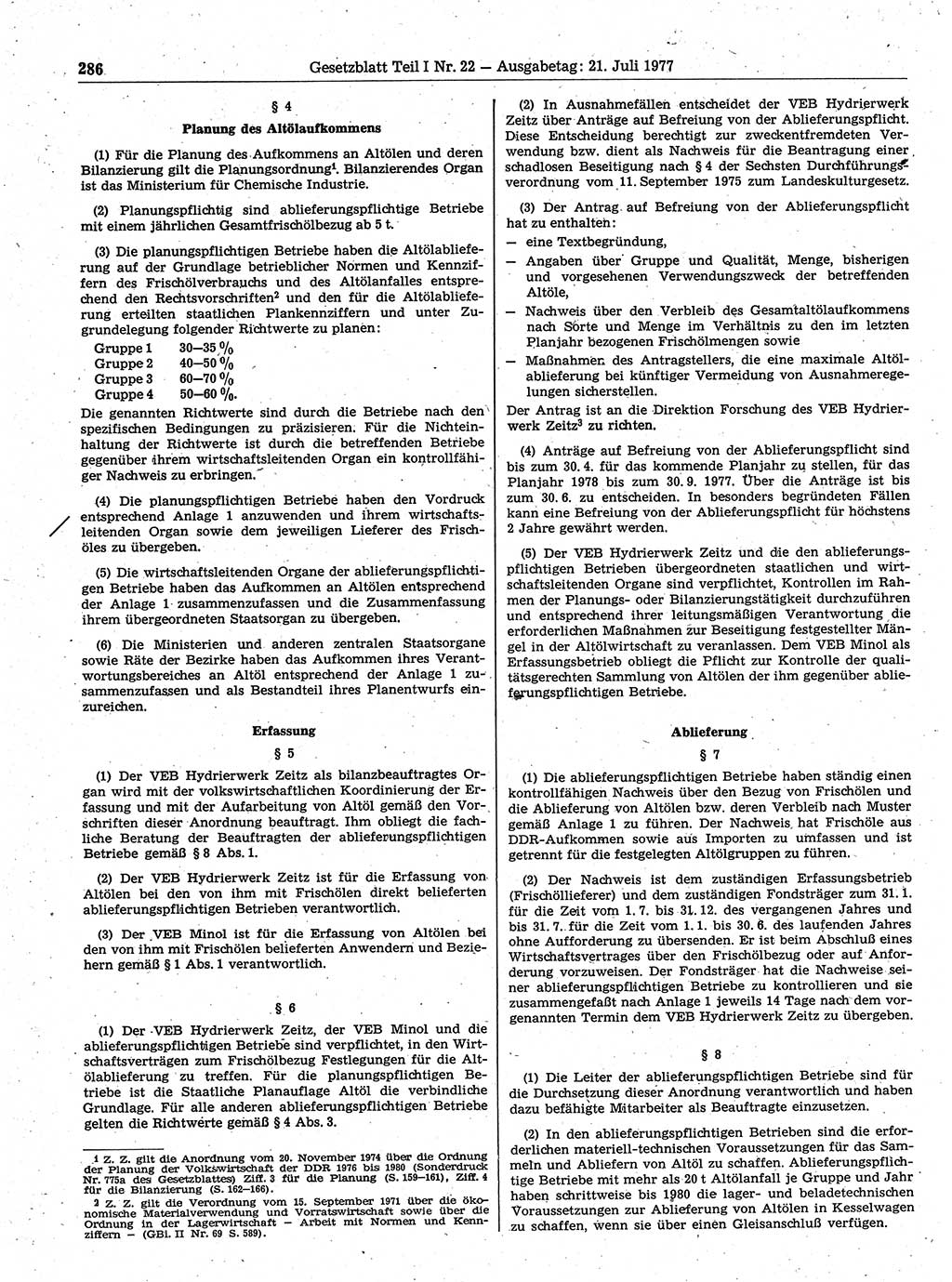 Gesetzblatt (GBl.) der Deutschen Demokratischen Republik (DDR) Teil Ⅰ 1977, Seite 286 (GBl. DDR Ⅰ 1977, S. 286)