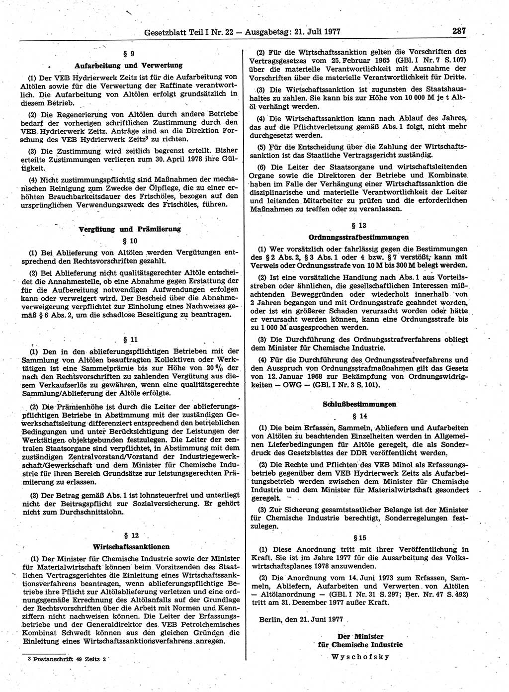 Gesetzblatt (GBl.) der Deutschen Demokratischen Republik (DDR) Teil Ⅰ 1977, Seite 287 (GBl. DDR Ⅰ 1977, S. 287)