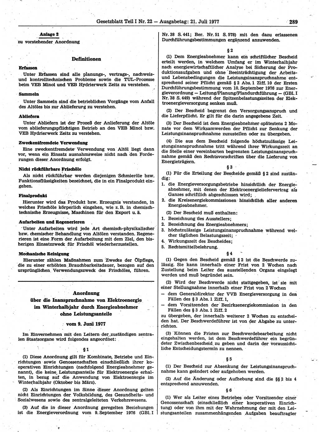 Gesetzblatt (GBl.) der Deutschen Demokratischen Republik (DDR) Teil Ⅰ 1977, Seite 289 (GBl. DDR Ⅰ 1977, S. 289)