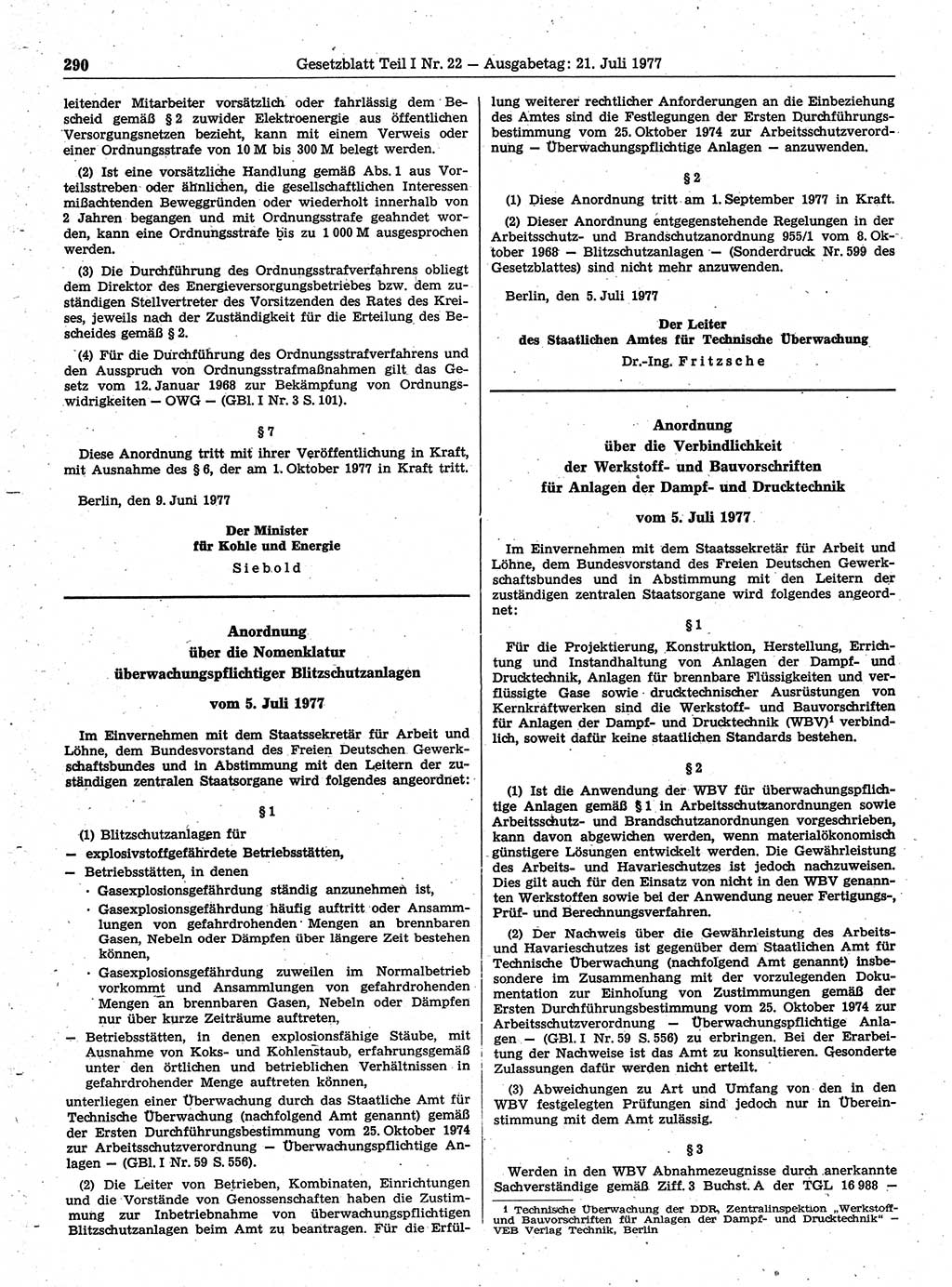 Gesetzblatt (GBl.) der Deutschen Demokratischen Republik (DDR) Teil Ⅰ 1977, Seite 290 (GBl. DDR Ⅰ 1977, S. 290)