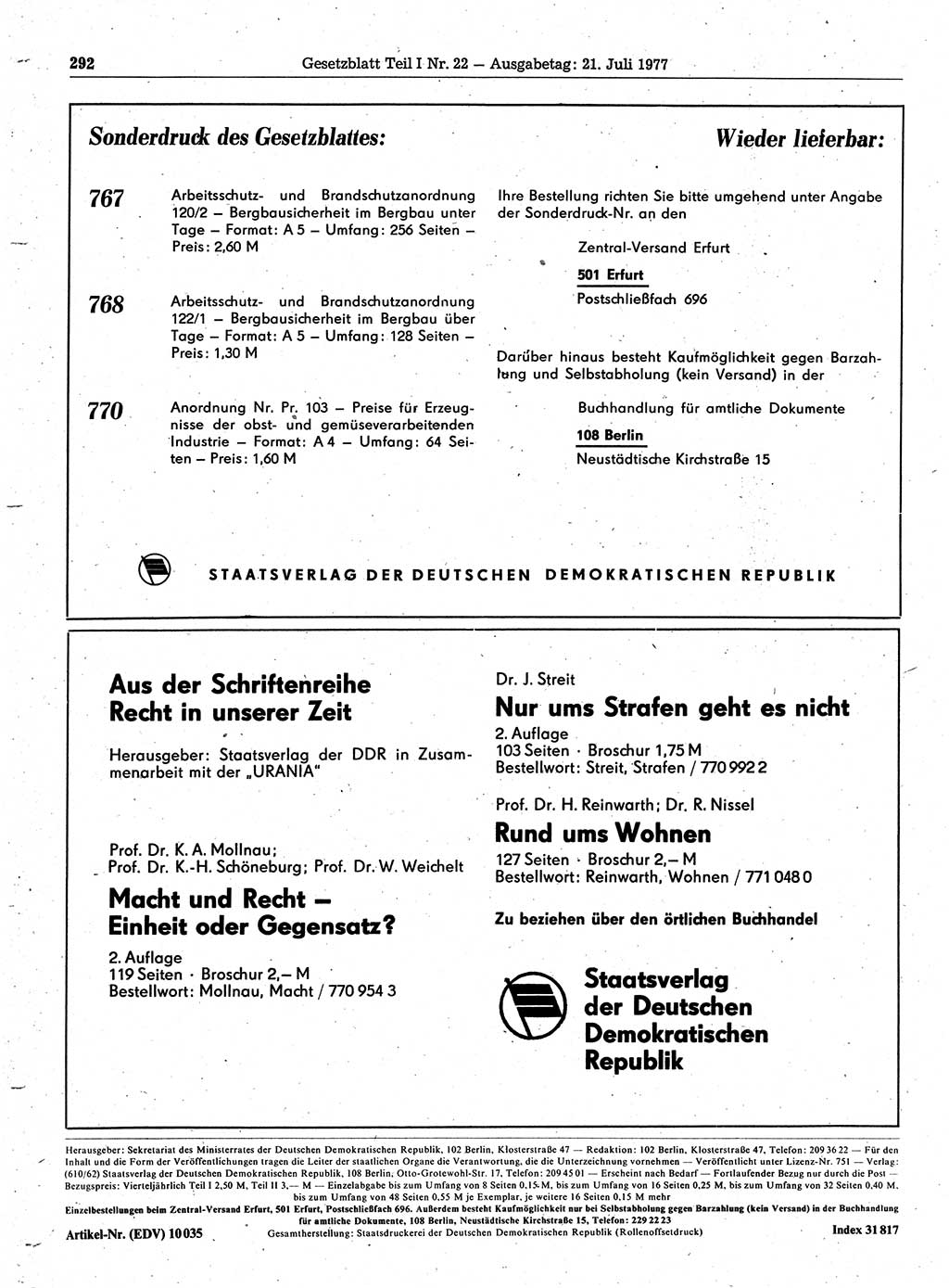 Gesetzblatt (GBl.) der Deutschen Demokratischen Republik (DDR) Teil Ⅰ 1977, Seite 292 (GBl. DDR Ⅰ 1977, S. 292)