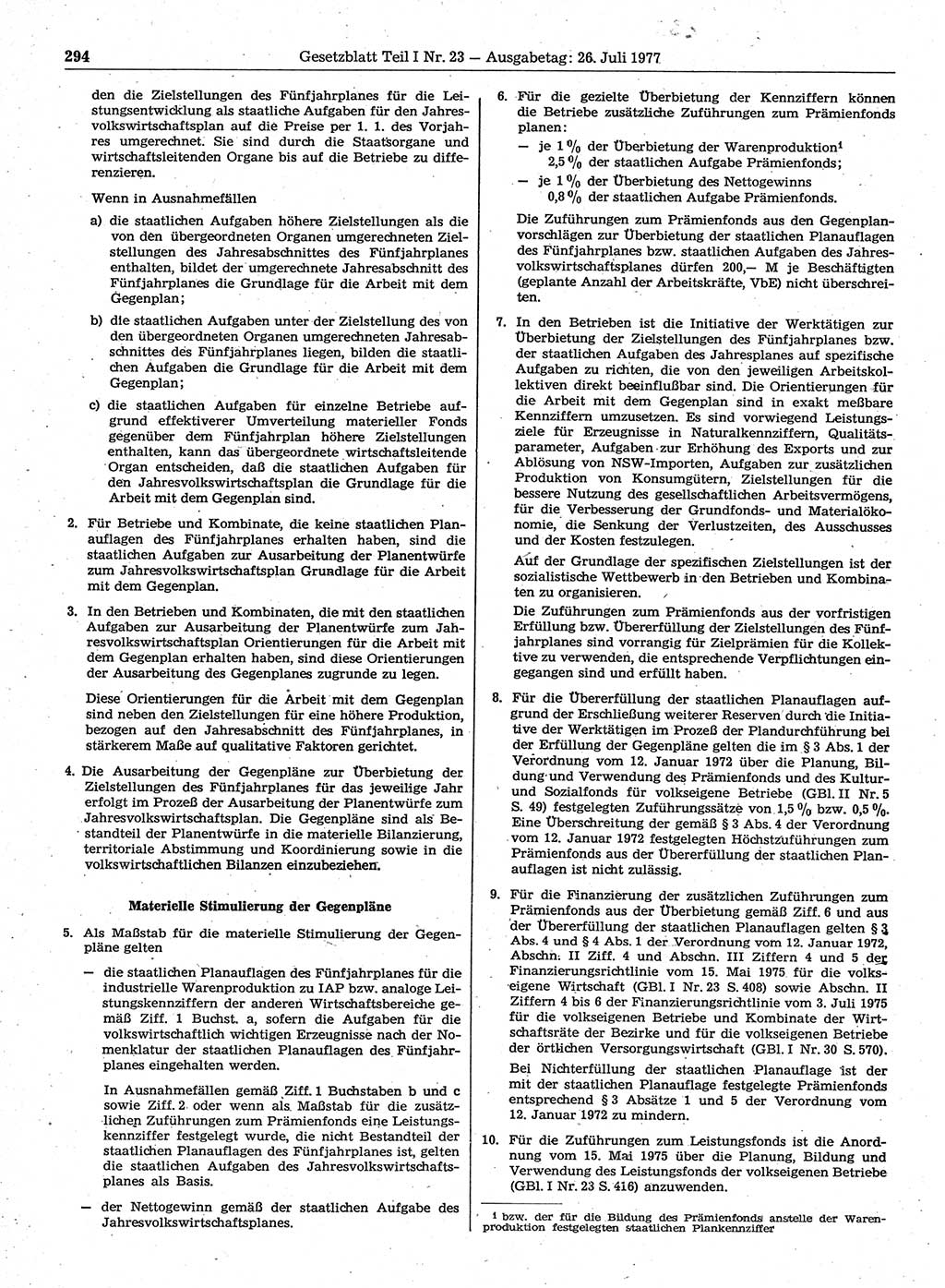 Gesetzblatt (GBl.) der Deutschen Demokratischen Republik (DDR) Teil Ⅰ 1977, Seite 294 (GBl. DDR Ⅰ 1977, S. 294)