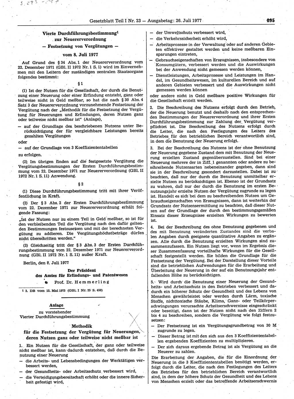 Gesetzblatt (GBl.) der Deutschen Demokratischen Republik (DDR) Teil Ⅰ 1977, Seite 295 (GBl. DDR Ⅰ 1977, S. 295)