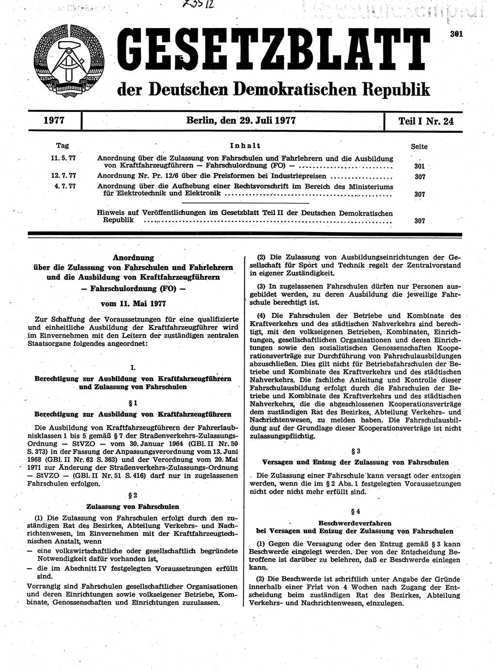 Gesetzblatt (GBl.) der Deutschen Demokratischen Republik (DDR) Teil Ⅰ 1977, Seite 301 (GBl. DDR Ⅰ 1977, S. 301)