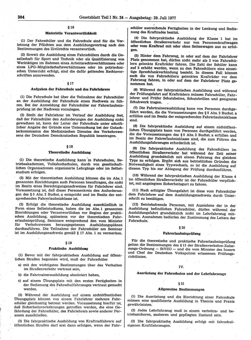 Gesetzblatt (GBl.) der Deutschen Demokratischen Republik (DDR) Teil Ⅰ 1977, Seite 304 (GBl. DDR Ⅰ 1977, S. 304)