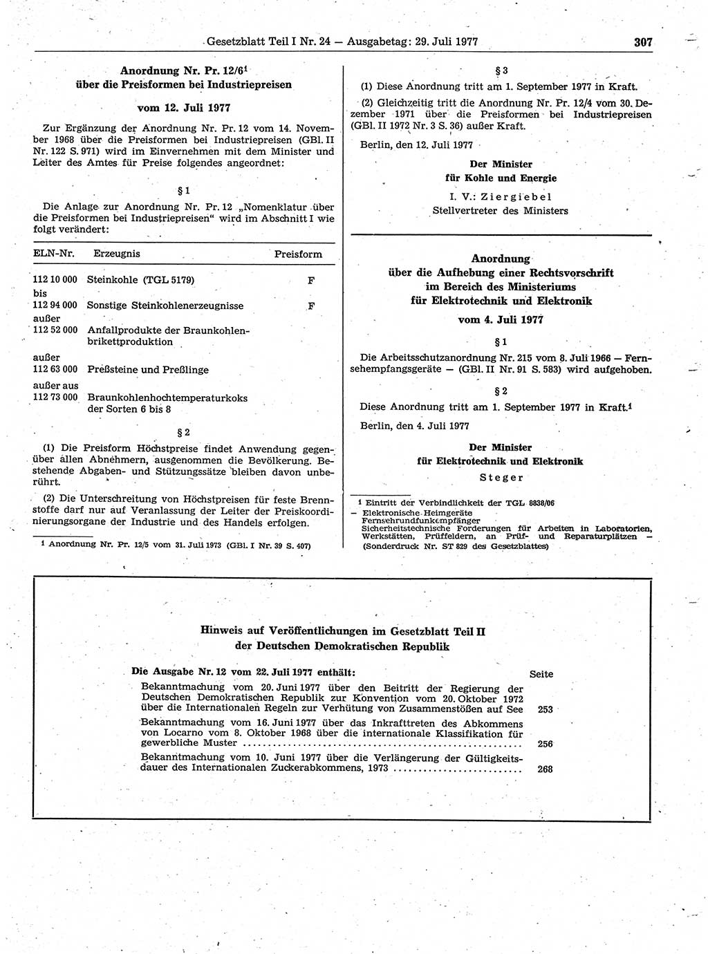 Gesetzblatt (GBl.) der Deutschen Demokratischen Republik (DDR) Teil Ⅰ 1977, Seite 307 (GBl. DDR Ⅰ 1977, S. 307)
