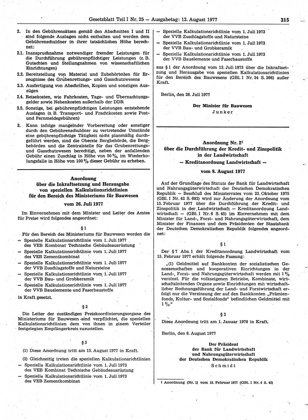 Gesetzblatt (GBl.) der Deutschen Demokratischen Republik (DDR) Teil Ⅰ 1977, Seite 315 (GBl. DDR Ⅰ 1977, S. 315)