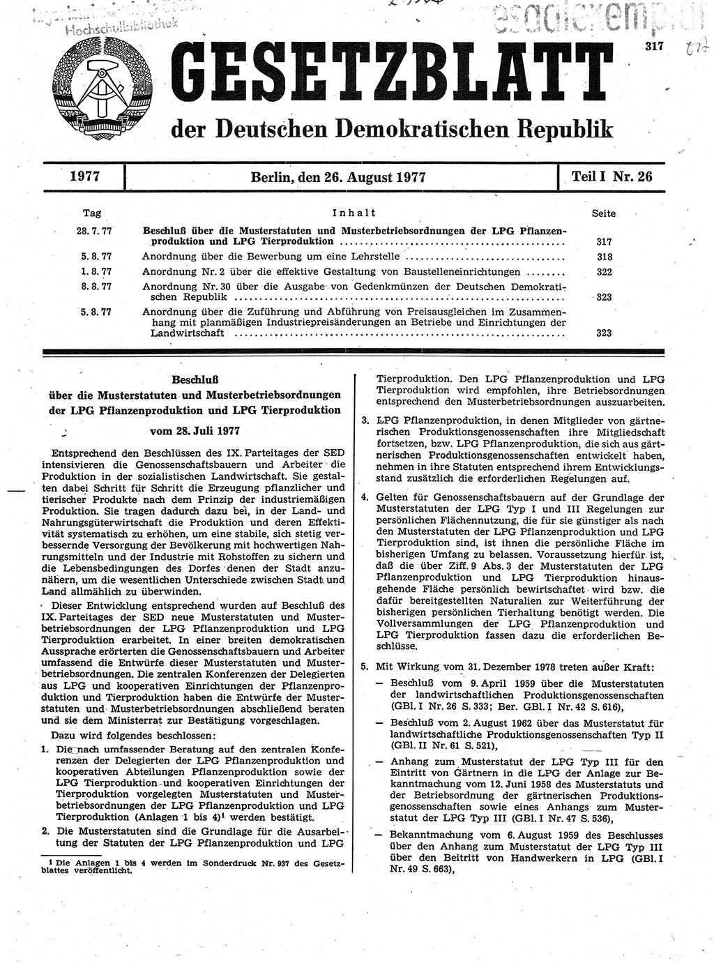 Gesetzblatt (GBl.) der Deutschen Demokratischen Republik (DDR) Teil Ⅰ 1977, Seite 317 (GBl. DDR Ⅰ 1977, S. 317)