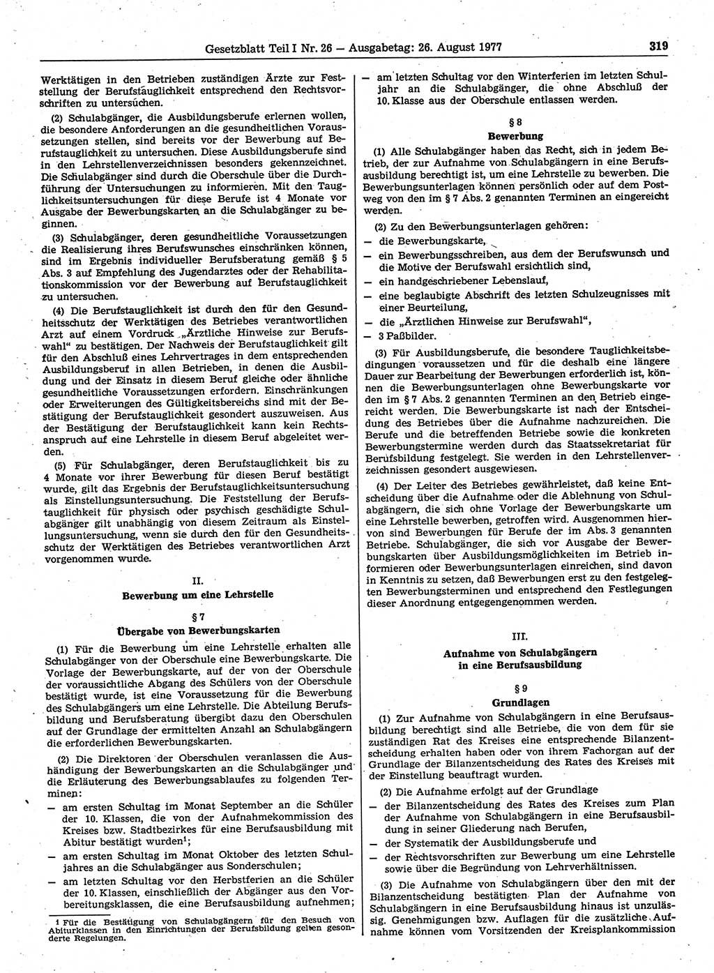 Gesetzblatt (GBl.) der Deutschen Demokratischen Republik (DDR) Teil Ⅰ 1977, Seite 319 (GBl. DDR Ⅰ 1977, S. 319)