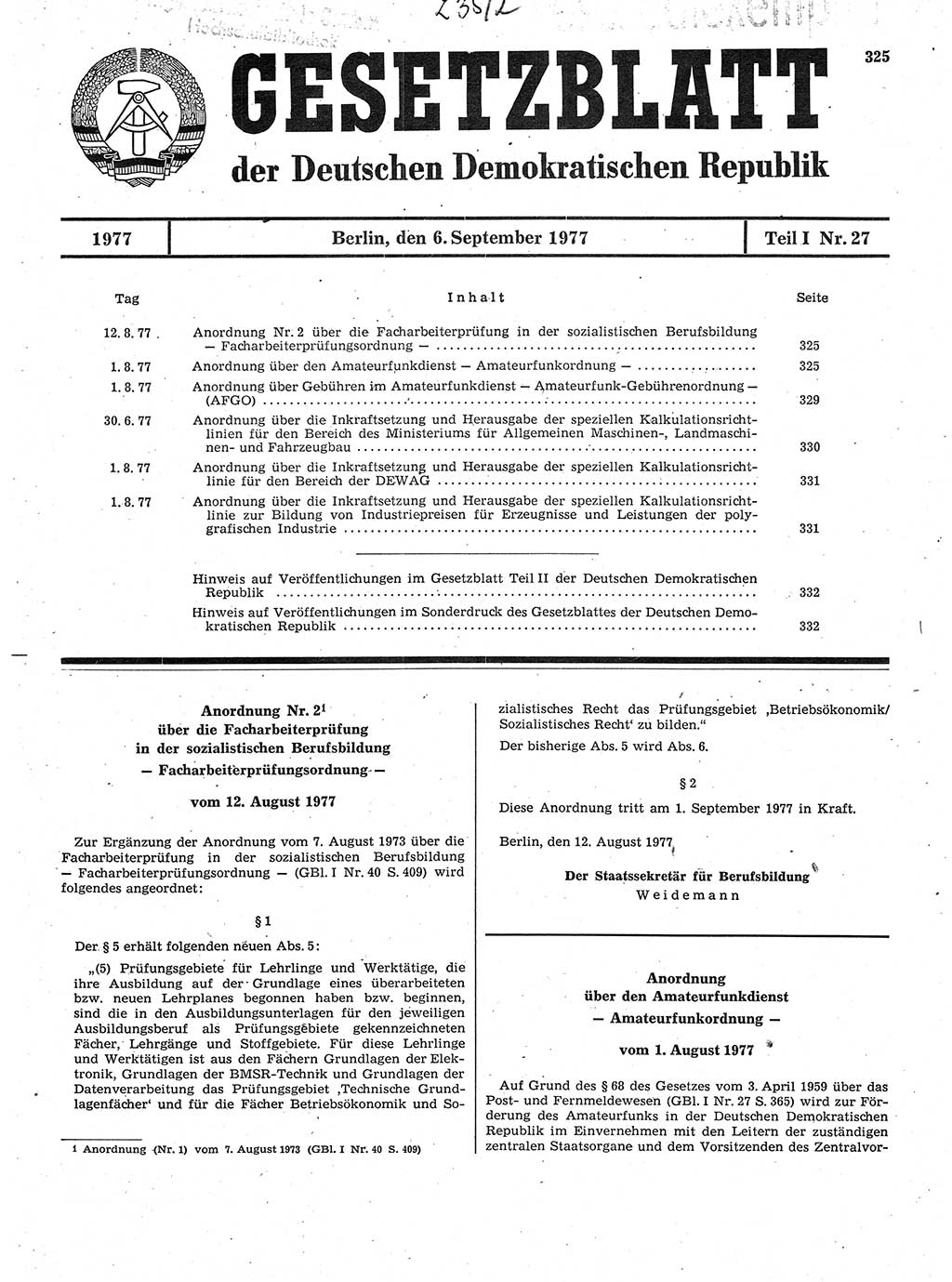 Gesetzblatt (GBl.) der Deutschen Demokratischen Republik (DDR) Teil Ⅰ 1977, Seite 325 (GBl. DDR Ⅰ 1977, S. 325)
