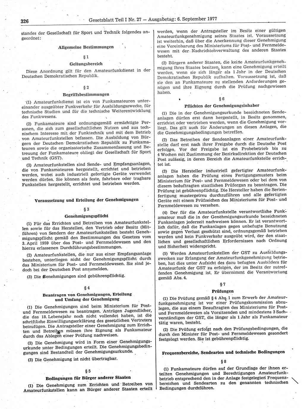 Gesetzblatt (GBl.) der Deutschen Demokratischen Republik (DDR) Teil Ⅰ 1977, Seite 326 (GBl. DDR Ⅰ 1977, S. 326)