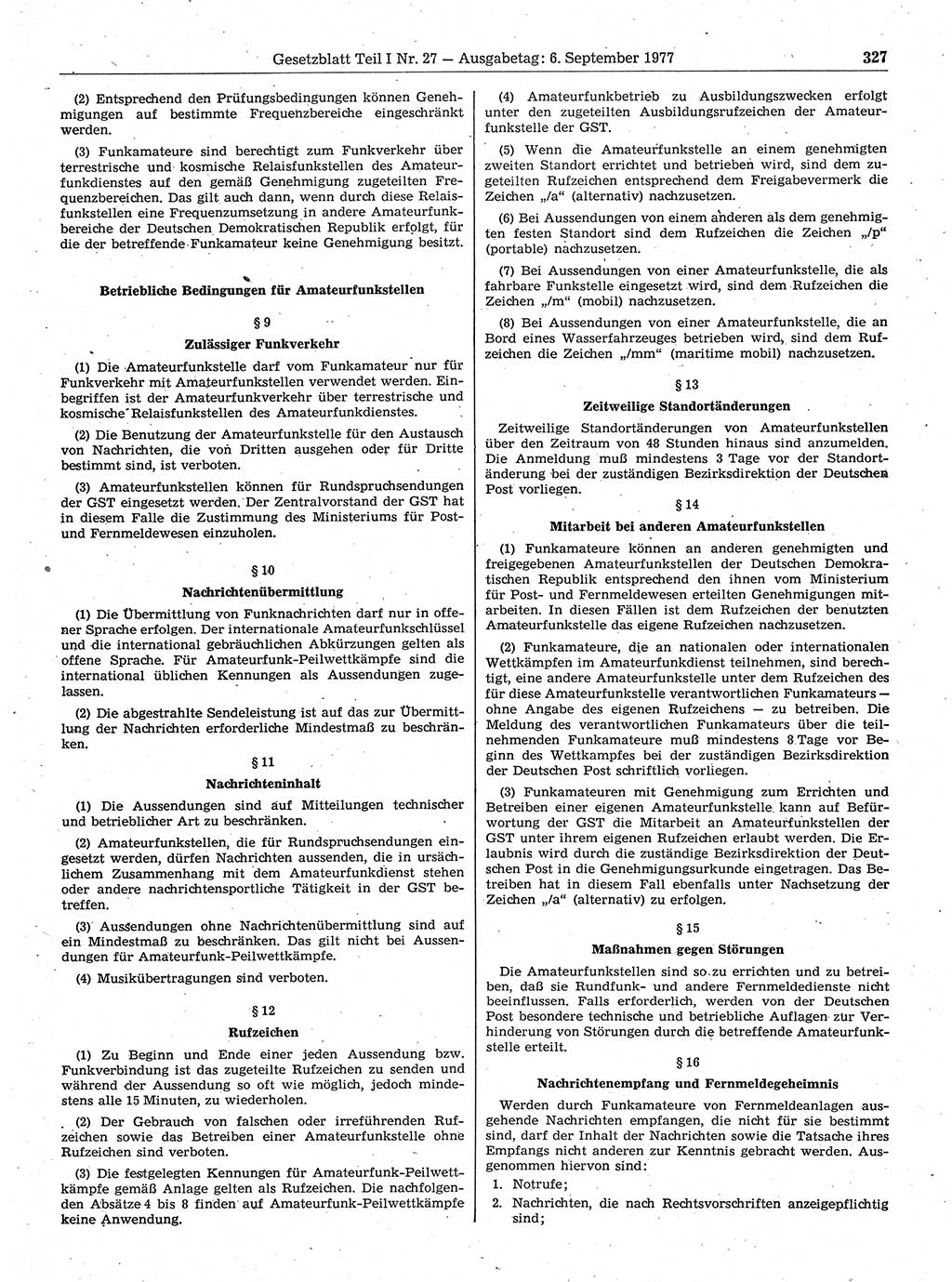 Gesetzblatt (GBl.) der Deutschen Demokratischen Republik (DDR) Teil Ⅰ 1977, Seite 327 (GBl. DDR Ⅰ 1977, S. 327)