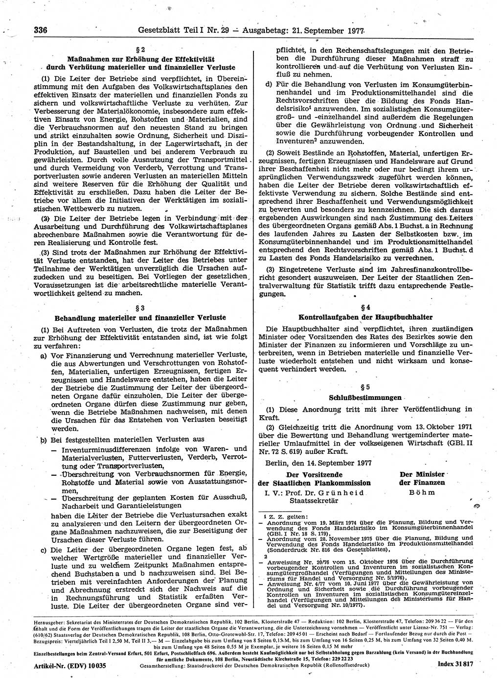 Gesetzblatt (GBl.) der Deutschen Demokratischen Republik (DDR) Teil Ⅰ 1977, Seite 336 (GBl. DDR Ⅰ 1977, S. 336)