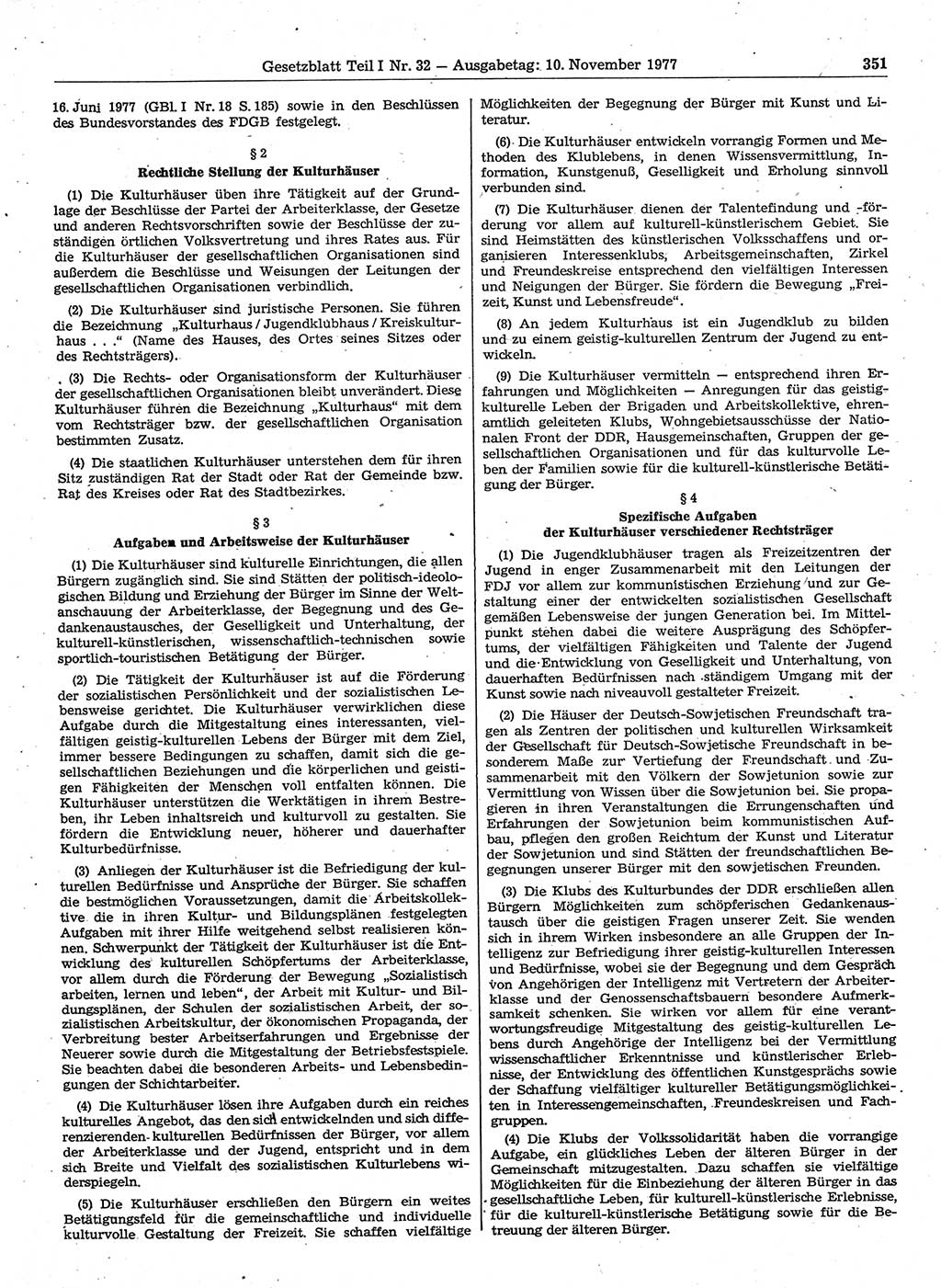Gesetzblatt (GBl.) der Deutschen Demokratischen Republik (DDR) Teil Ⅰ 1977, Seite 351 (GBl. DDR Ⅰ 1977, S. 351)