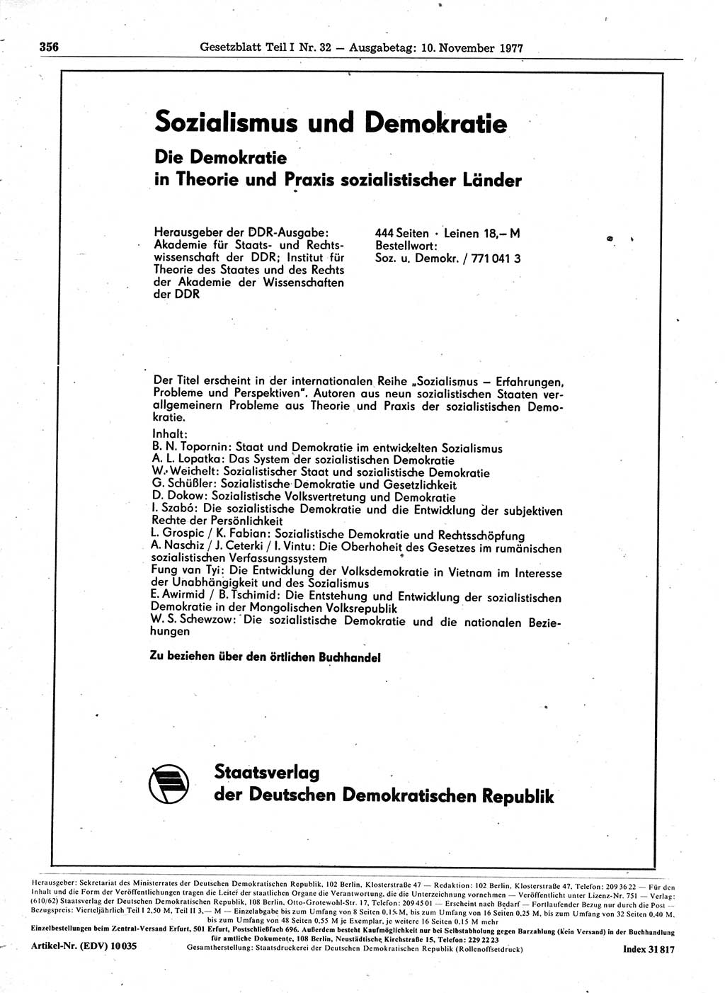 Gesetzblatt (GBl.) der Deutschen Demokratischen Republik (DDR) Teil Ⅰ 1977, Seite 356 (GBl. DDR Ⅰ 1977, S. 356)