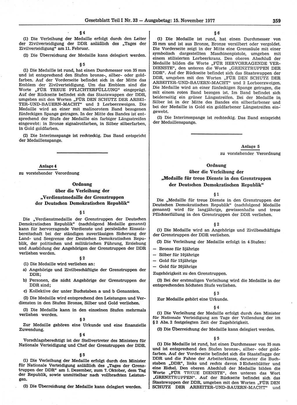 Gesetzblatt (GBl.) der Deutschen Demokratischen Republik (DDR) Teil Ⅰ 1977, Seite 359 (GBl. DDR Ⅰ 1977, S. 359)