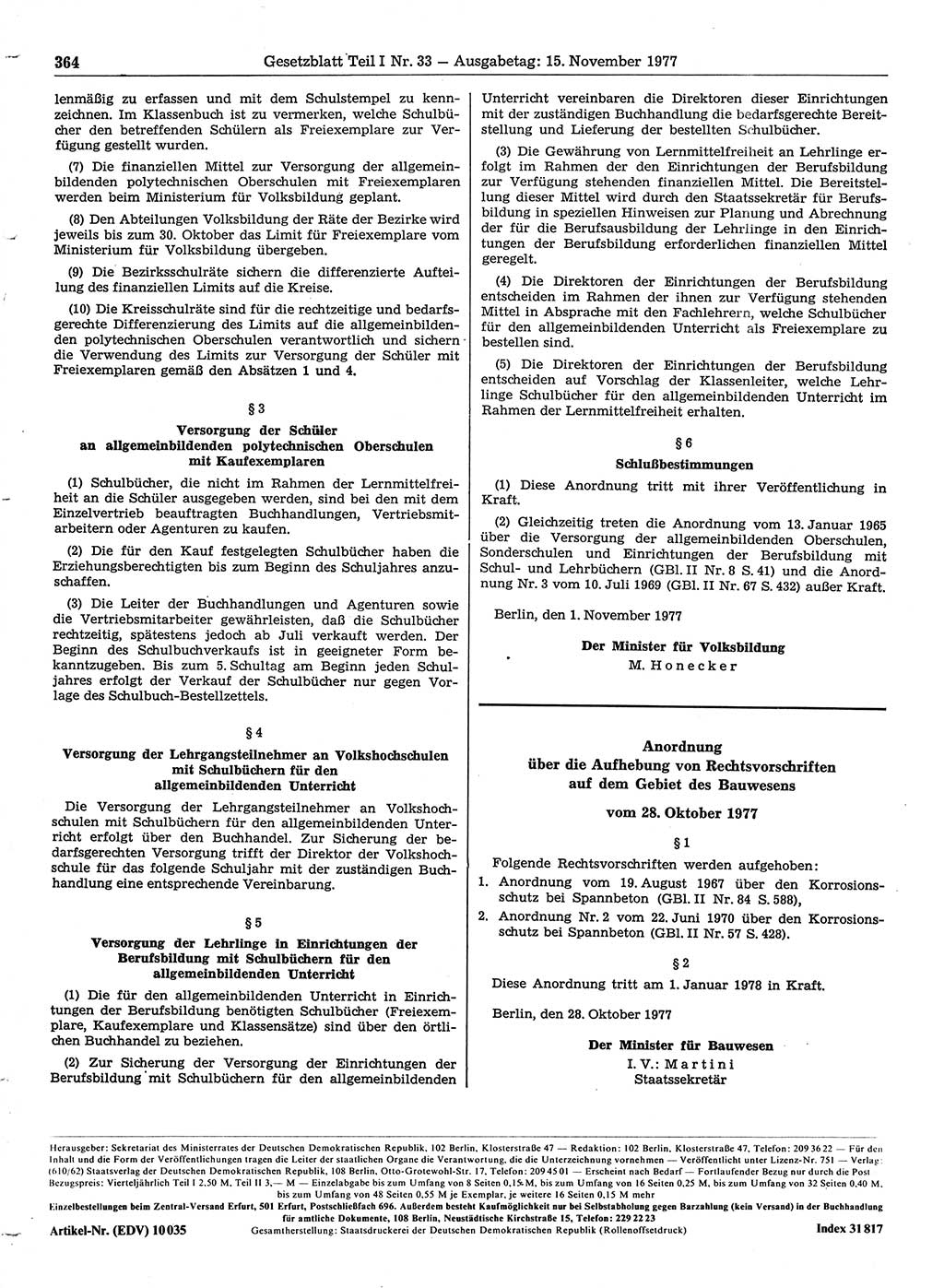Gesetzblatt (GBl.) der Deutschen Demokratischen Republik (DDR) Teil Ⅰ 1977, Seite 364 (GBl. DDR Ⅰ 1977, S. 364)