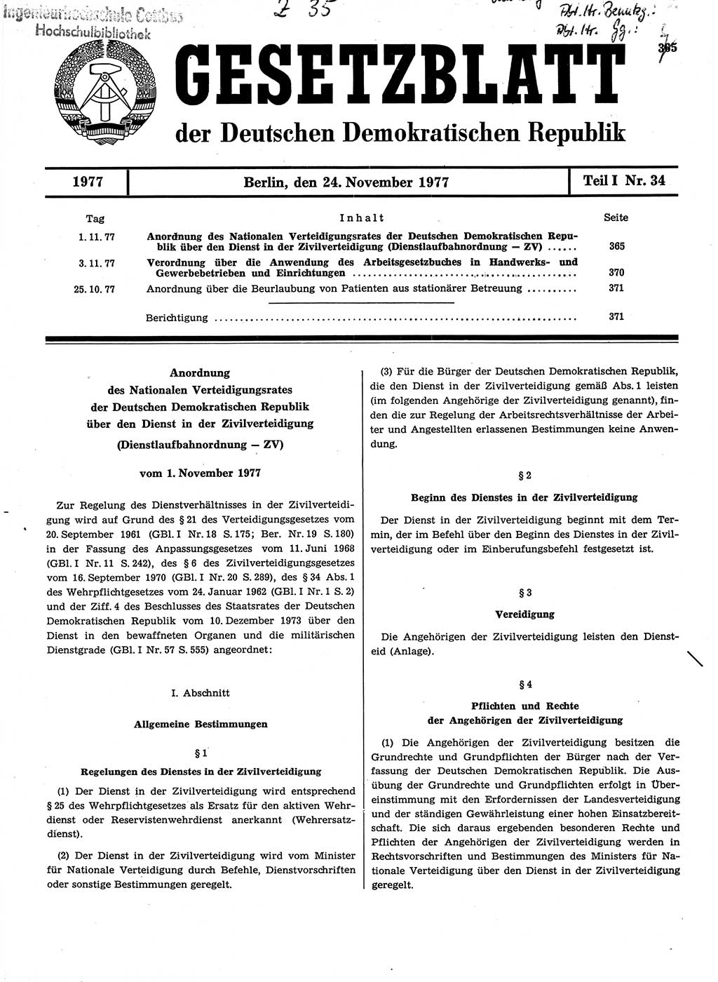 Gesetzblatt (GBl.) der Deutschen Demokratischen Republik (DDR) Teil Ⅰ 1977, Seite 365 (GBl. DDR Ⅰ 1977, S. 365)