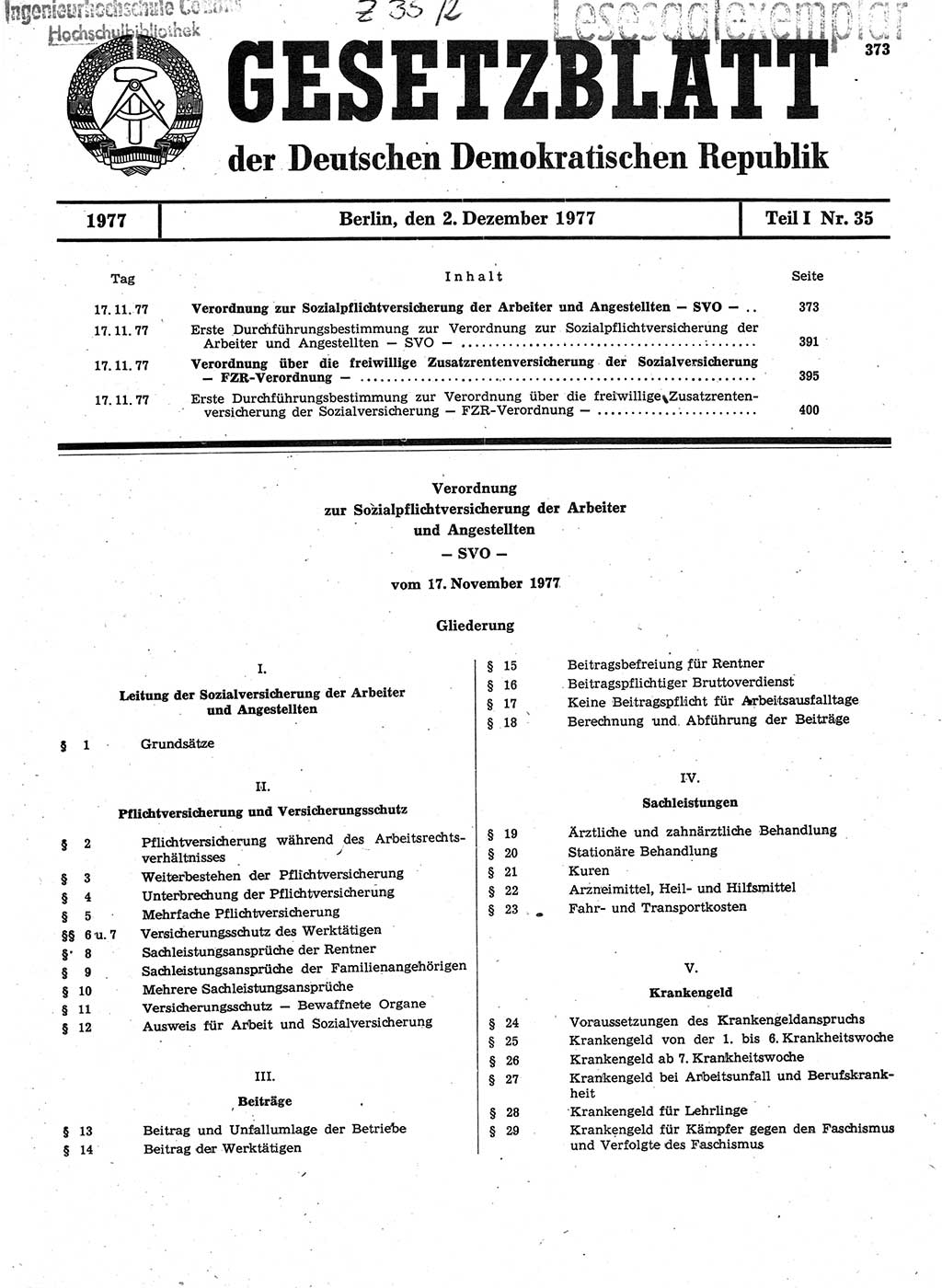 Gesetzblatt (GBl.) der Deutschen Demokratischen Republik (DDR) Teil Ⅰ 1977, Seite 373 (GBl. DDR Ⅰ 1977, S. 373)