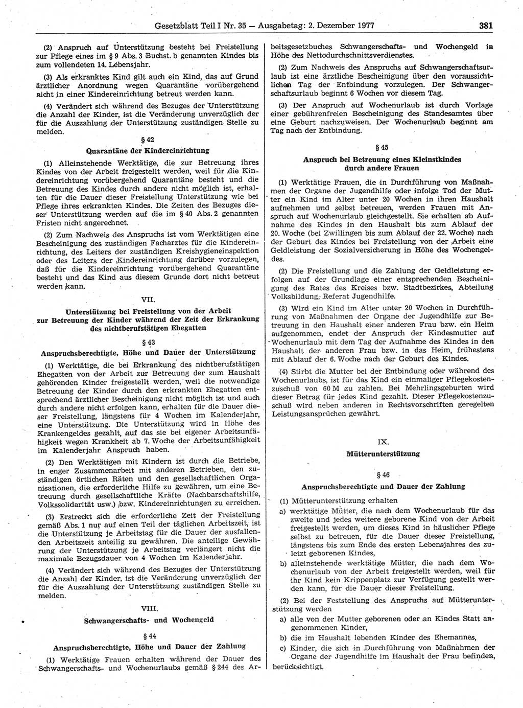 Gesetzblatt (GBl.) der Deutschen Demokratischen Republik (DDR) Teil Ⅰ 1977, Seite 381 (GBl. DDR Ⅰ 1977, S. 381)