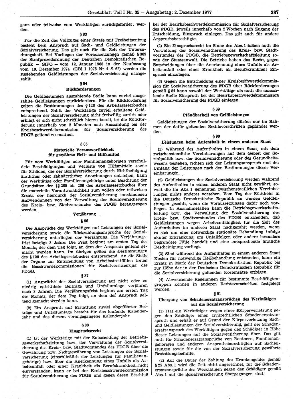 Gesetzblatt (GBl.) der Deutschen Demokratischen Republik (DDR) Teil Ⅰ 1977, Seite 387 (GBl. DDR Ⅰ 1977, S. 387)