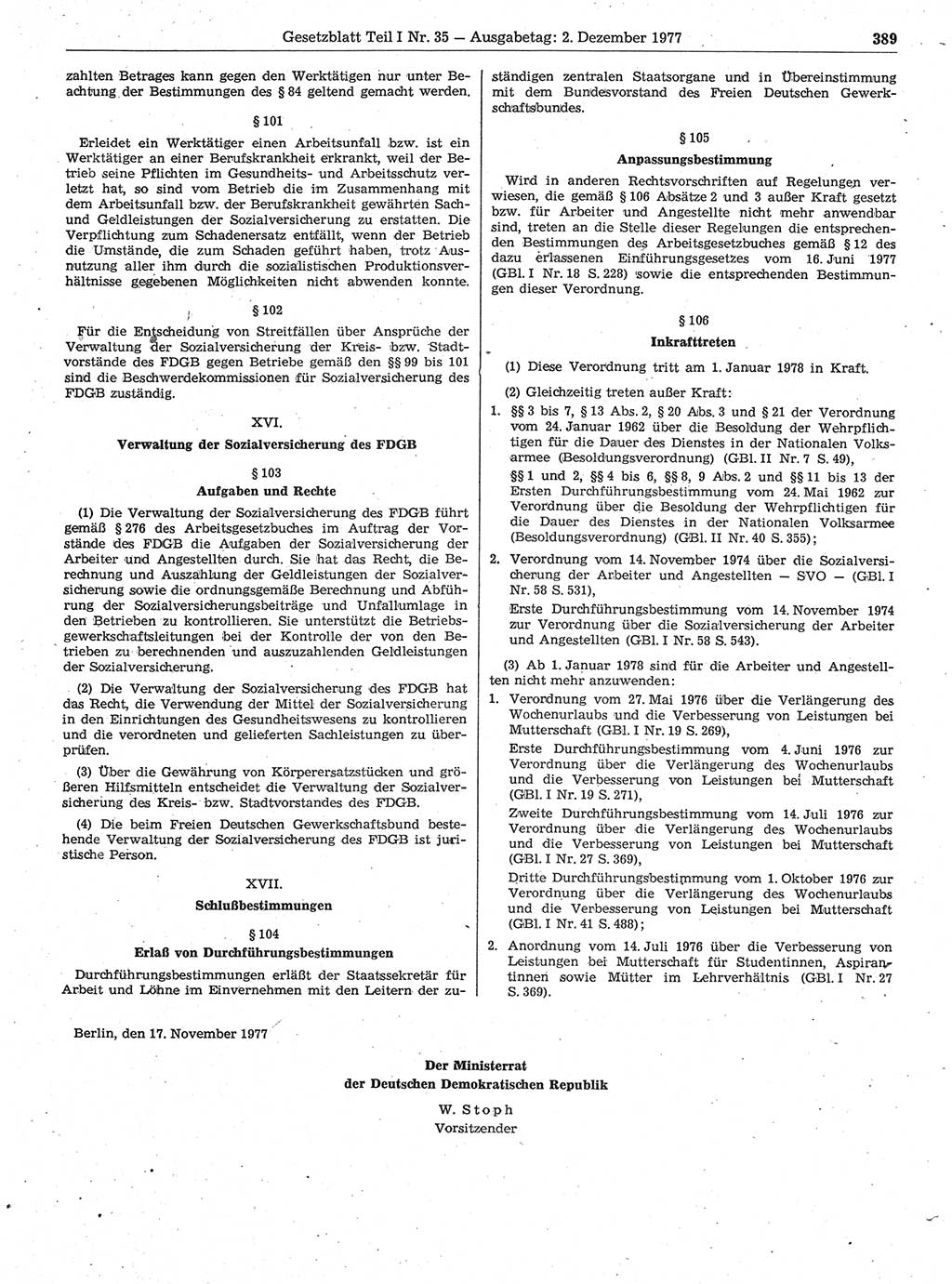Gesetzblatt (GBl.) der Deutschen Demokratischen Republik (DDR) Teil Ⅰ 1977, Seite 389 (GBl. DDR Ⅰ 1977, S. 389)