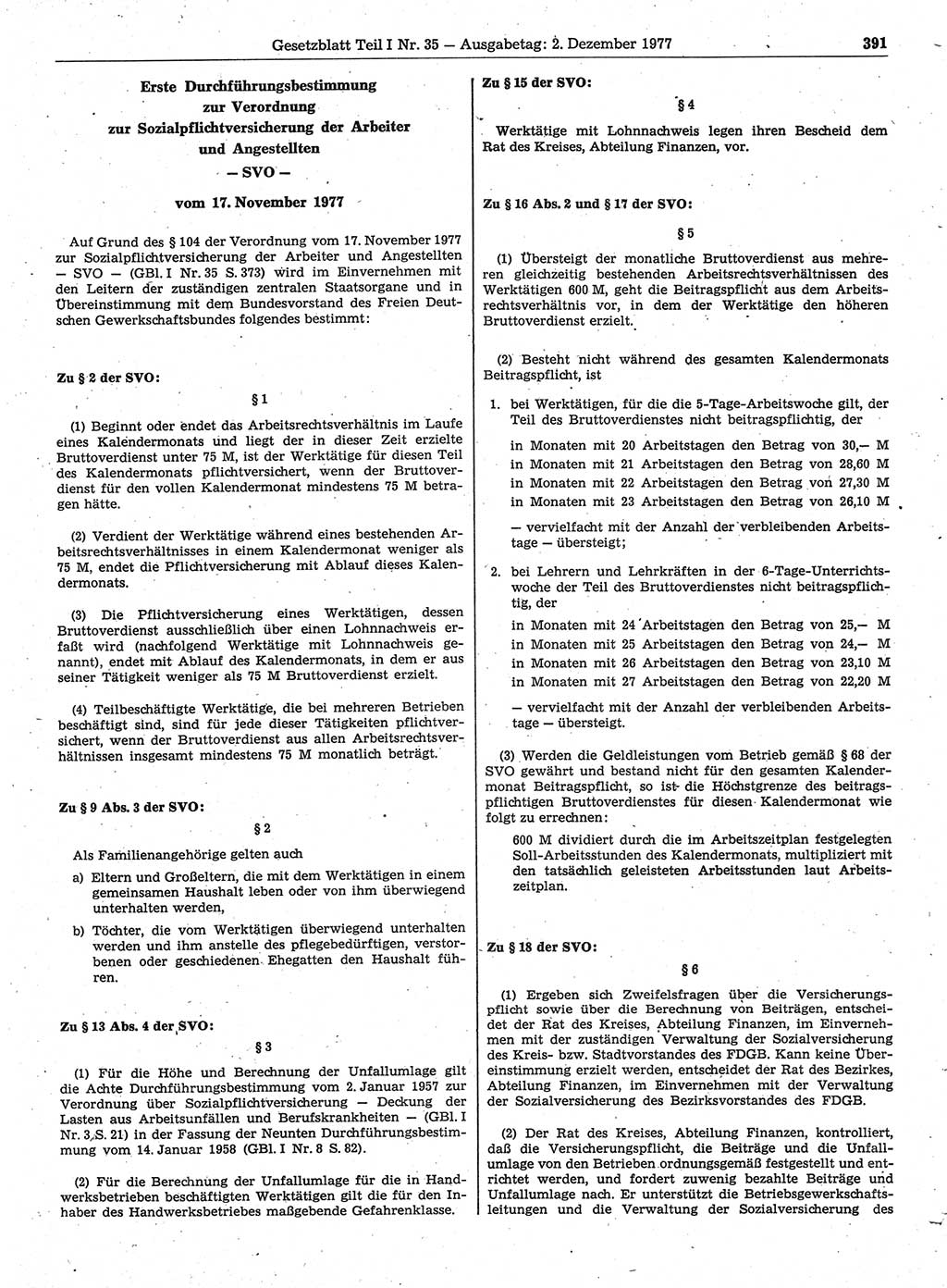 Gesetzblatt (GBl.) der Deutschen Demokratischen Republik (DDR) Teil Ⅰ 1977, Seite 391 (GBl. DDR Ⅰ 1977, S. 391)