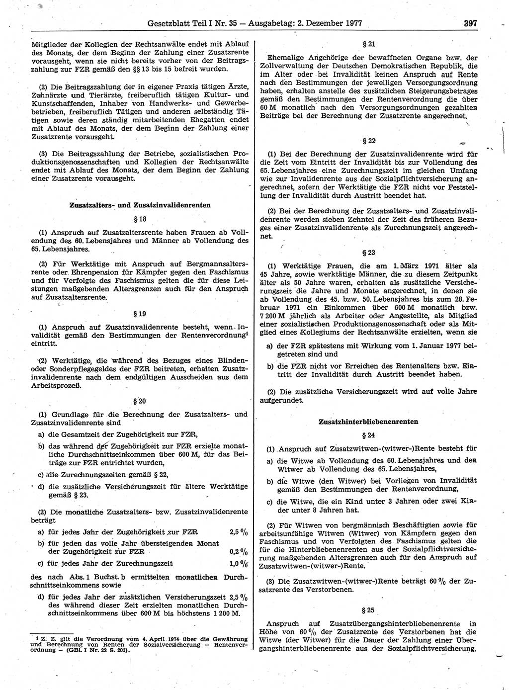 Gesetzblatt (GBl.) der Deutschen Demokratischen Republik (DDR) Teil Ⅰ 1977, Seite 397 (GBl. DDR Ⅰ 1977, S. 397)