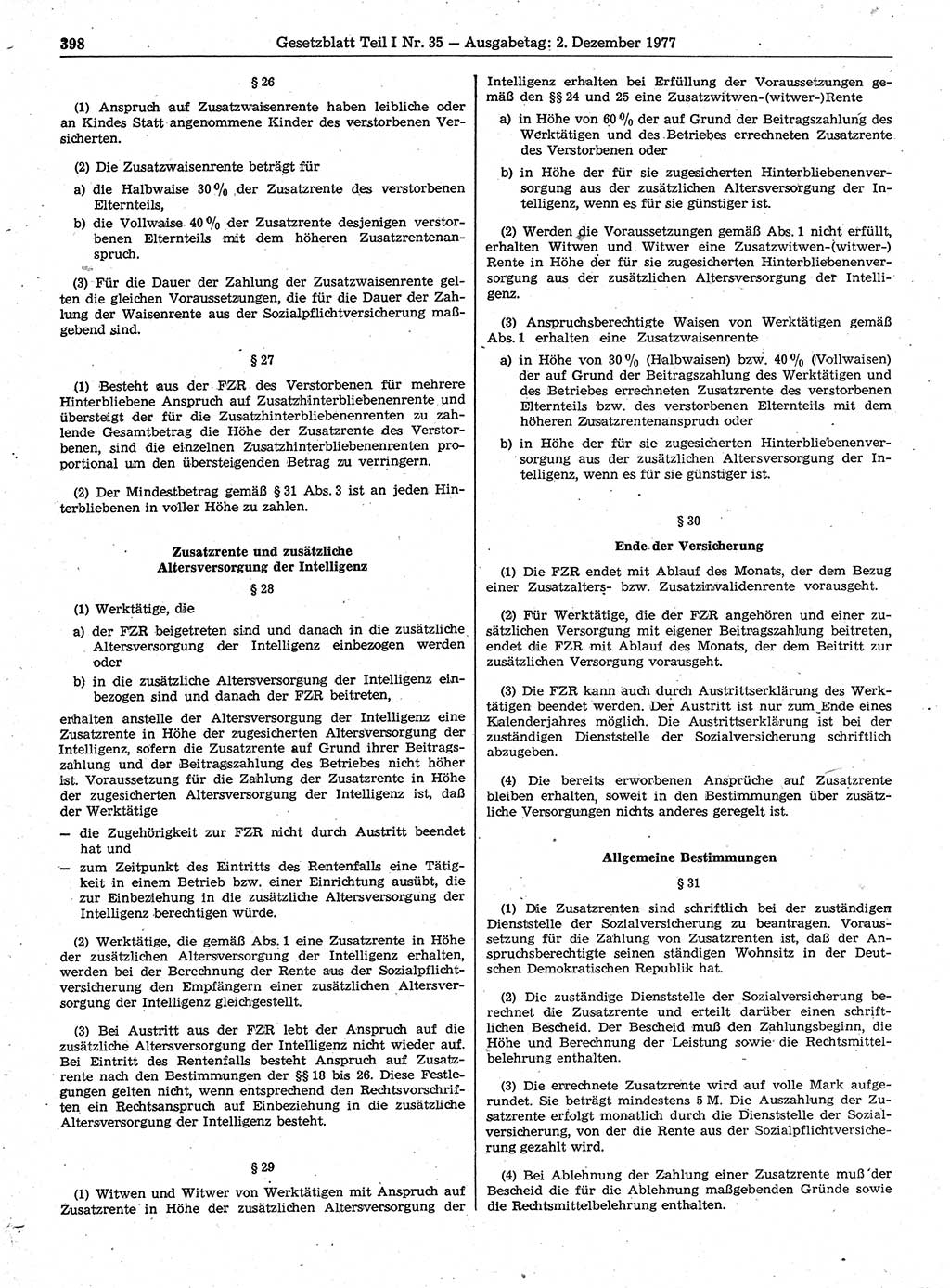 Gesetzblatt (GBl.) der Deutschen Demokratischen Republik (DDR) Teil Ⅰ 1977, Seite 398 (GBl. DDR Ⅰ 1977, S. 398)