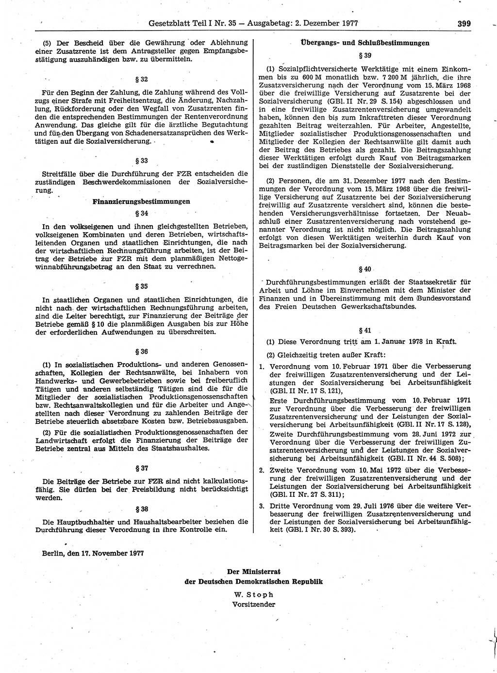 Gesetzblatt (GBl.) der Deutschen Demokratischen Republik (DDR) Teil Ⅰ 1977, Seite 399 (GBl. DDR Ⅰ 1977, S. 399)