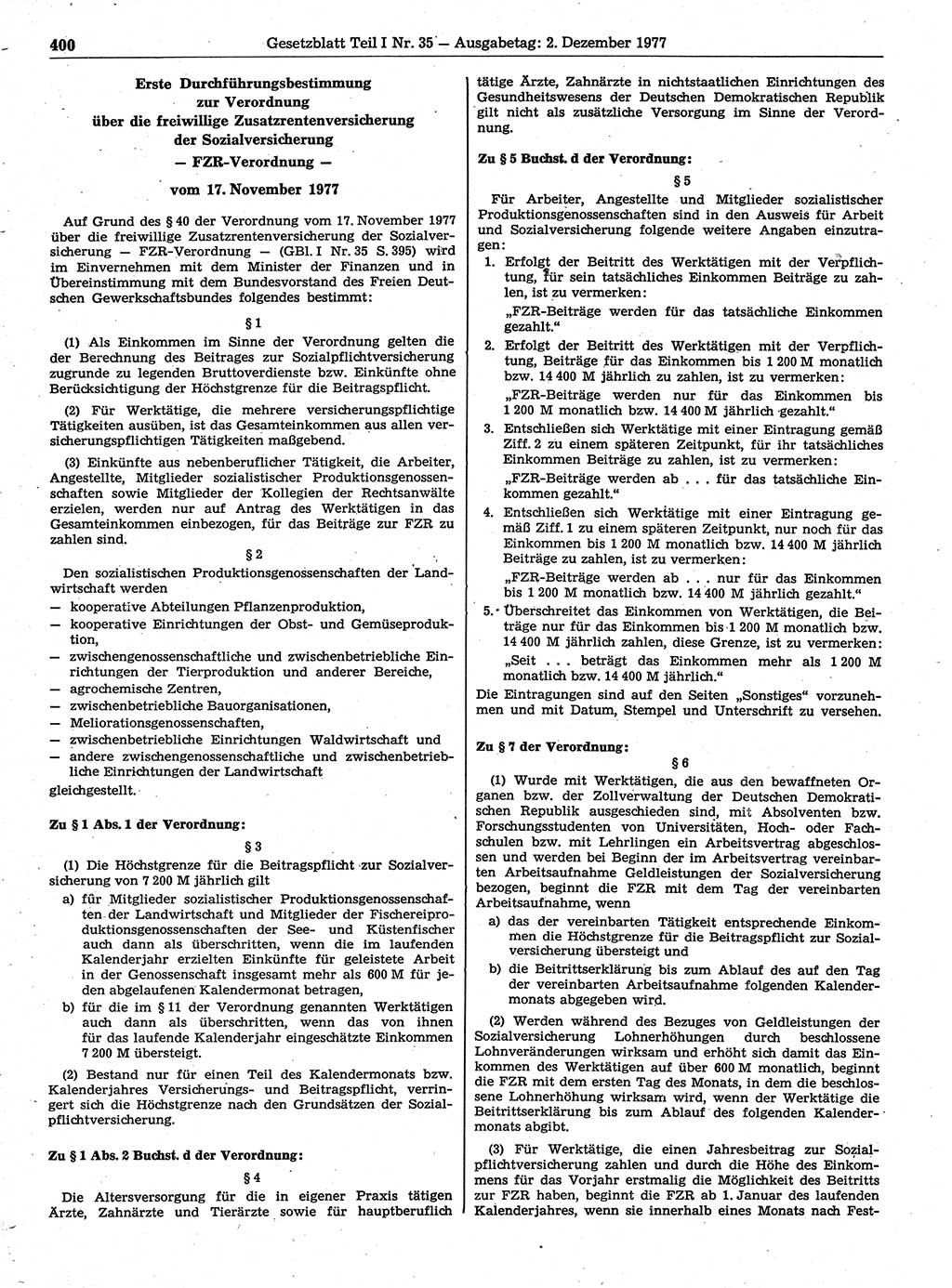 Gesetzblatt (GBl.) der Deutschen Demokratischen Republik (DDR) Teil Ⅰ 1977, Seite 400 (GBl. DDR Ⅰ 1977, S. 400)