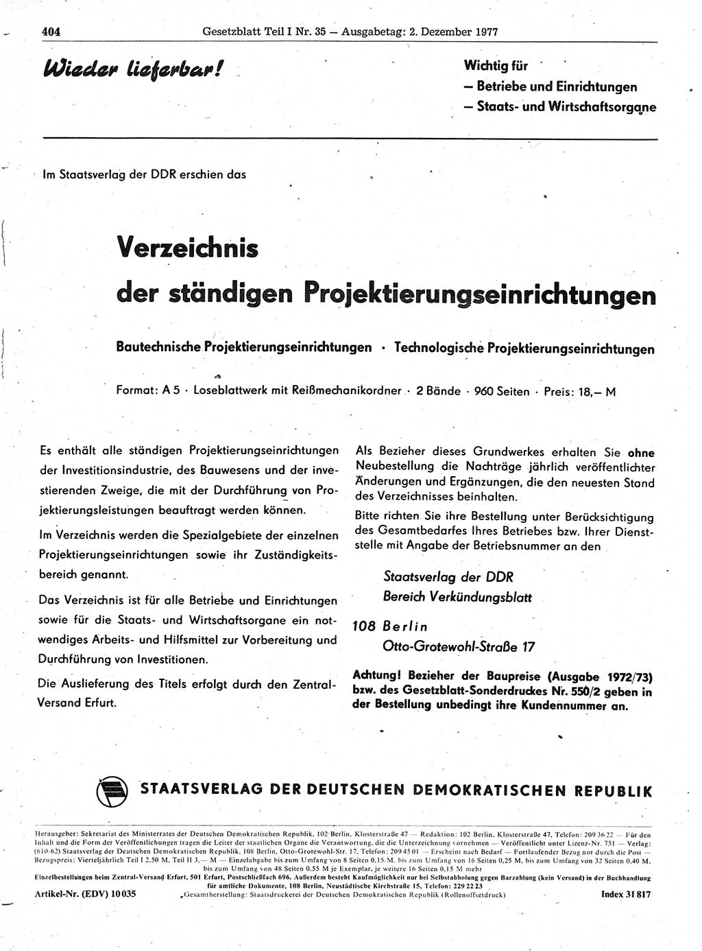 Gesetzblatt (GBl.) der Deutschen Demokratischen Republik (DDR) Teil Ⅰ 1977, Seite 404 (GBl. DDR Ⅰ 1977, S. 404)