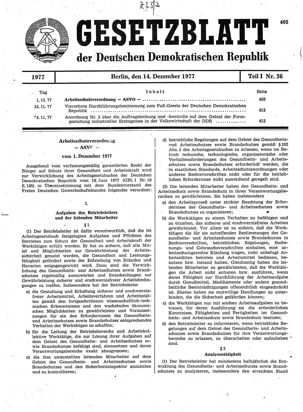 Gesetzblatt (GBl.) der Deutschen Demokratischen Republik (DDR) Teil Ⅰ 1977, Seite 405 (GBl. DDR Ⅰ 1977, S. 405)
