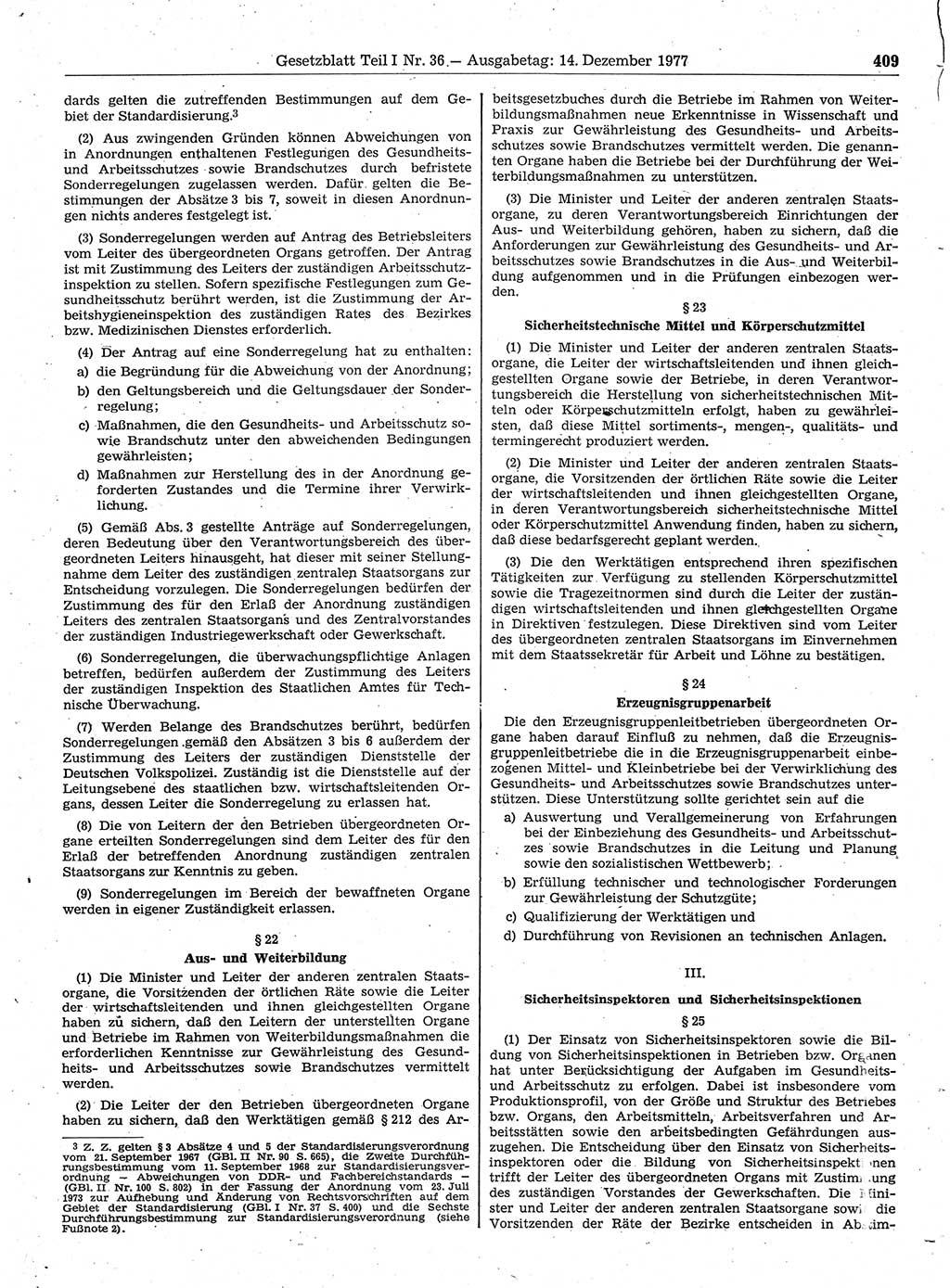 Gesetzblatt (GBl.) der Deutschen Demokratischen Republik (DDR) Teil Ⅰ 1977, Seite 409 (GBl. DDR Ⅰ 1977, S. 409)
