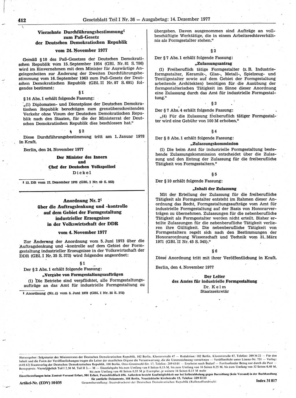 Gesetzblatt (GBl.) der Deutschen Demokratischen Republik (DDR) Teil Ⅰ 1977, Seite 412 (GBl. DDR Ⅰ 1977, S. 412)