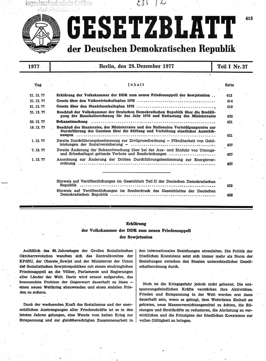 Gesetzblatt (GBl.) der Deutschen Demokratischen Republik (DDR) Teil Ⅰ 1977, Seite 413 (GBl. DDR Ⅰ 1977, S. 413)