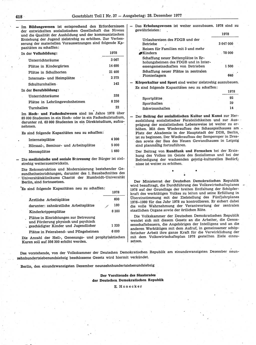 Gesetzblatt (GBl.) der Deutschen Demokratischen Republik (DDR) Teil Ⅰ 1977, Seite 418 (GBl. DDR Ⅰ 1977, S. 418)