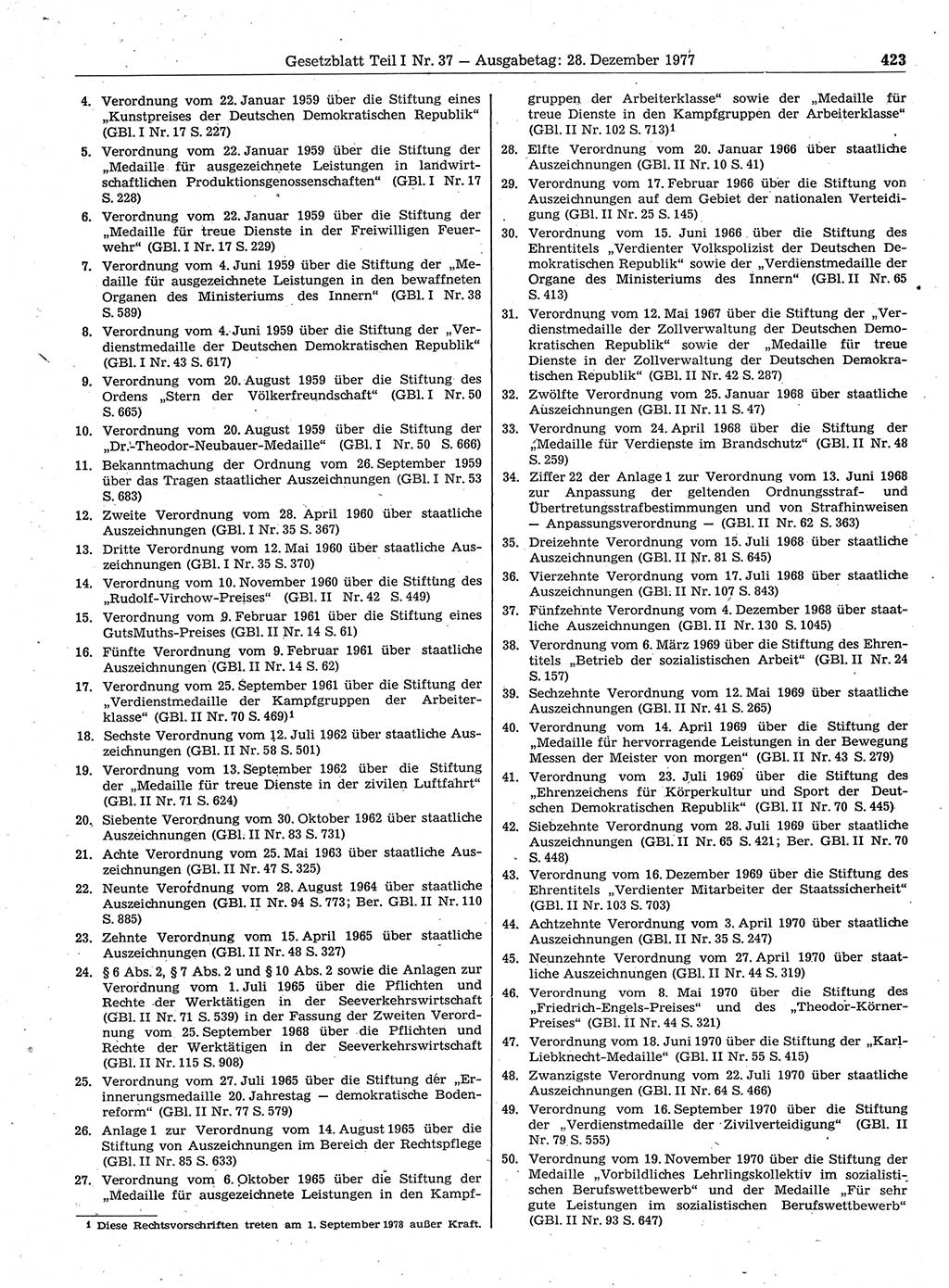 Gesetzblatt (GBl.) der Deutschen Demokratischen Republik (DDR) Teil Ⅰ 1977, Seite 423 (GBl. DDR Ⅰ 1977, S. 423)
