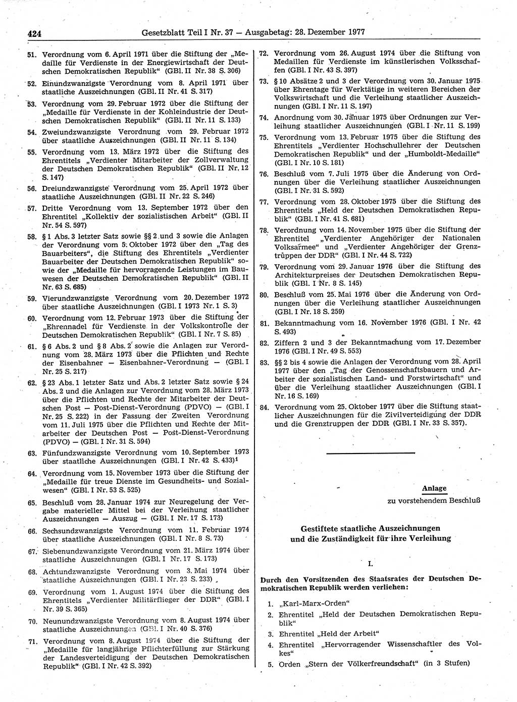 Gesetzblatt (GBl.) der Deutschen Demokratischen Republik (DDR) Teil Ⅰ 1977, Seite 424 (GBl. DDR Ⅰ 1977, S. 424)