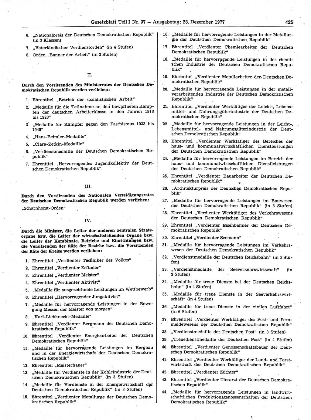 Gesetzblatt (GBl.) der Deutschen Demokratischen Republik (DDR) Teil Ⅰ 1977, Seite 425 (GBl. DDR Ⅰ 1977, S. 425)