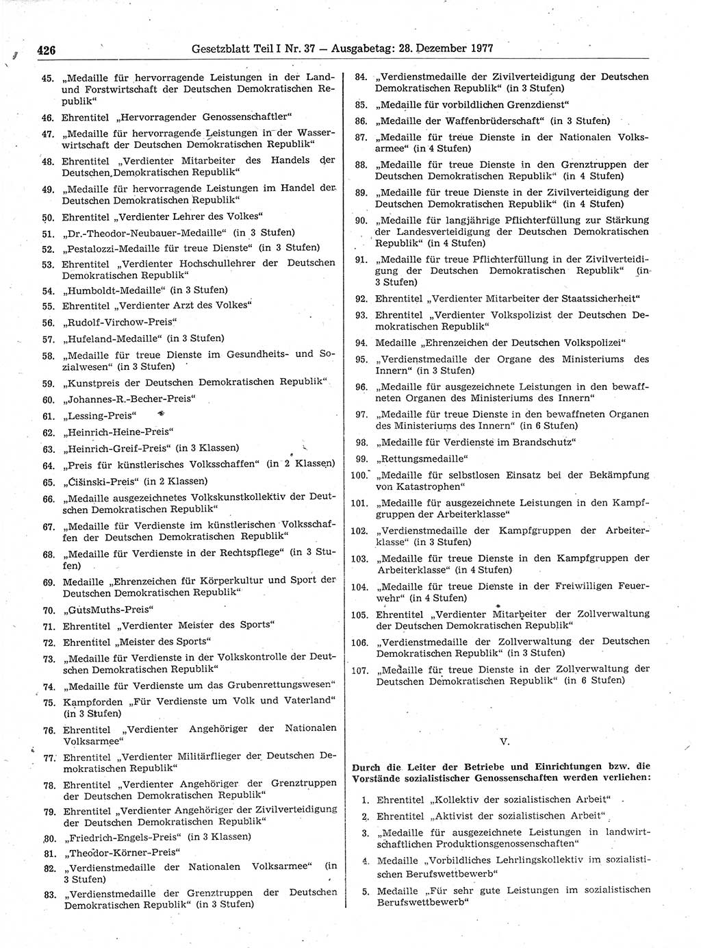 Gesetzblatt (GBl.) der Deutschen Demokratischen Republik (DDR) Teil Ⅰ 1977, Seite 426 (GBl. DDR Ⅰ 1977, S. 426)