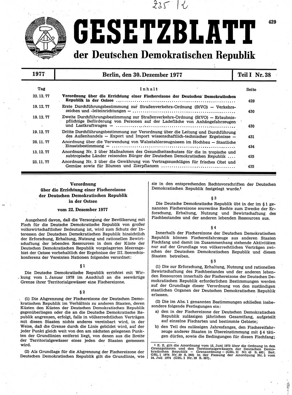 Gesetzblatt (GBl.) der Deutschen Demokratischen Republik (DDR) Teil Ⅰ 1977, Seite 429 (GBl. DDR Ⅰ 1977, S. 429)
