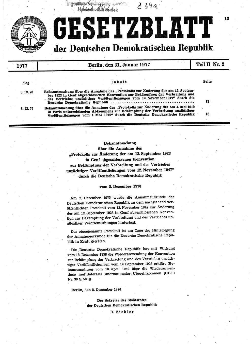 Gesetzblatt (GBl.) der Deutschen Demokratischen Republik (DDR) Teil ⅠⅠ 1977, Seite 13 (GBl. DDR ⅠⅠ 1977, S. 13)