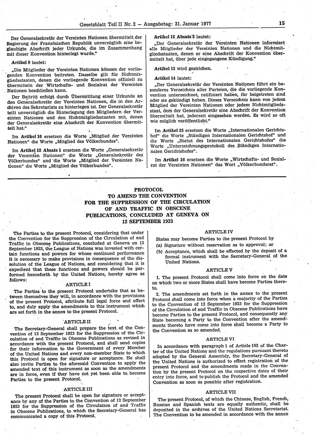 Gesetzblatt (GBl.) der Deutschen Demokratischen Republik (DDR) Teil ⅠⅠ 1977, Seite 15 (GBl. DDR ⅠⅠ 1977, S. 15)