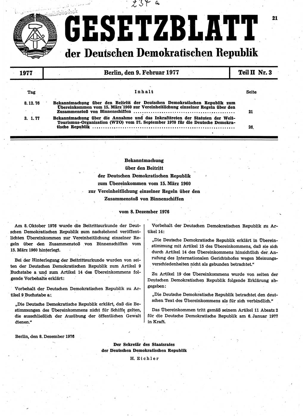 Gesetzblatt (GBl.) der Deutschen Demokratischen Republik (DDR) Teil ⅠⅠ 1977, Seite 21 (GBl. DDR ⅠⅠ 1977, S. 21)