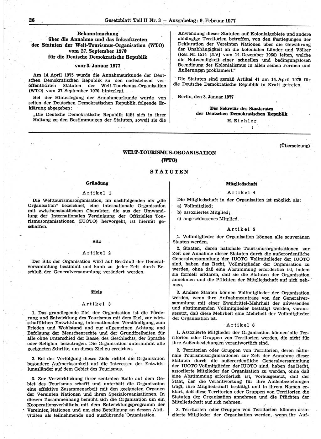 Gesetzblatt (GBl.) der Deutschen Demokratischen Republik (DDR) Teil ⅠⅠ 1977, Seite 26 (GBl. DDR ⅠⅠ 1977, S. 26)