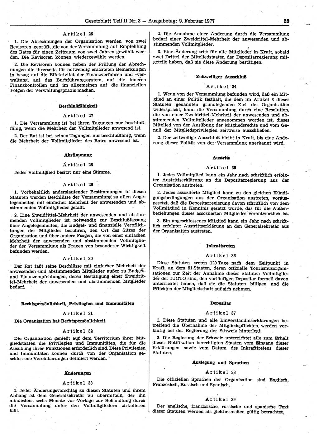 Gesetzblatt (GBl.) der Deutschen Demokratischen Republik (DDR) Teil ⅠⅠ 1977, Seite 29 (GBl. DDR ⅠⅠ 1977, S. 29)