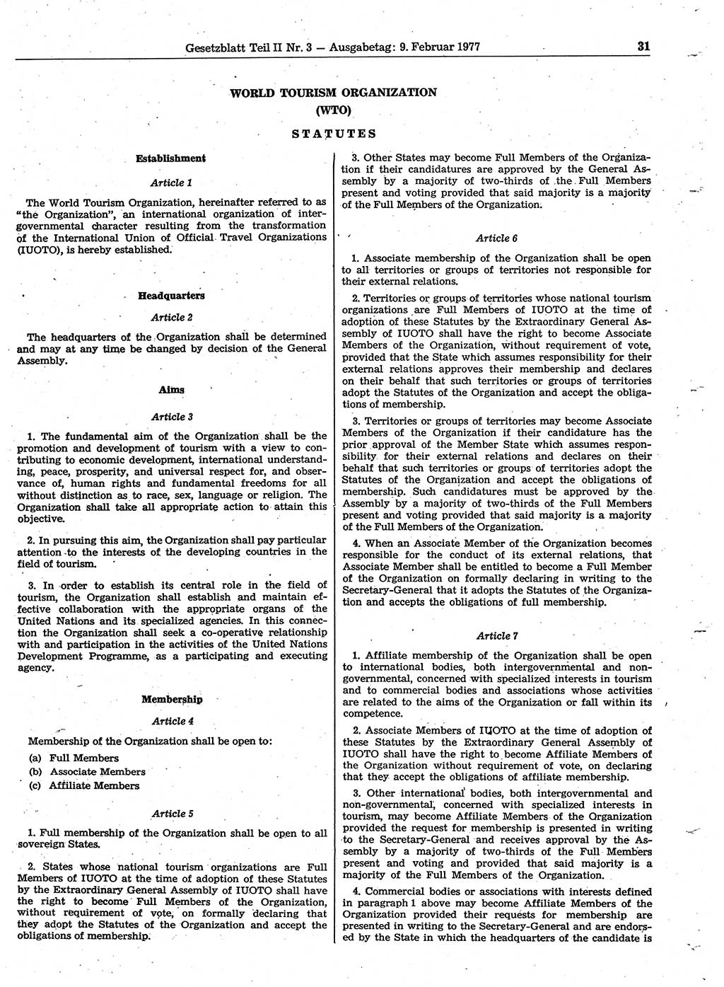 Gesetzblatt (GBl.) der Deutschen Demokratischen Republik (DDR) Teil ⅠⅠ 1977, Seite 31 (GBl. DDR ⅠⅠ 1977, S. 31)