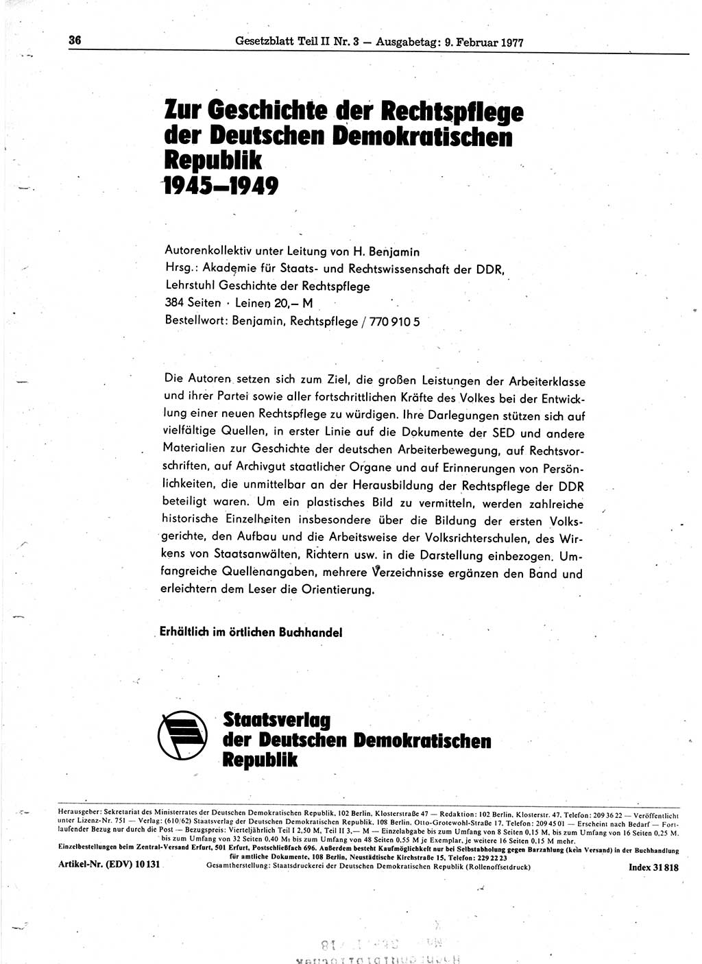 Gesetzblatt (GBl.) der Deutschen Demokratischen Republik (DDR) Teil ⅠⅠ 1977, Seite 36 (GBl. DDR ⅠⅠ 1977, S. 36)